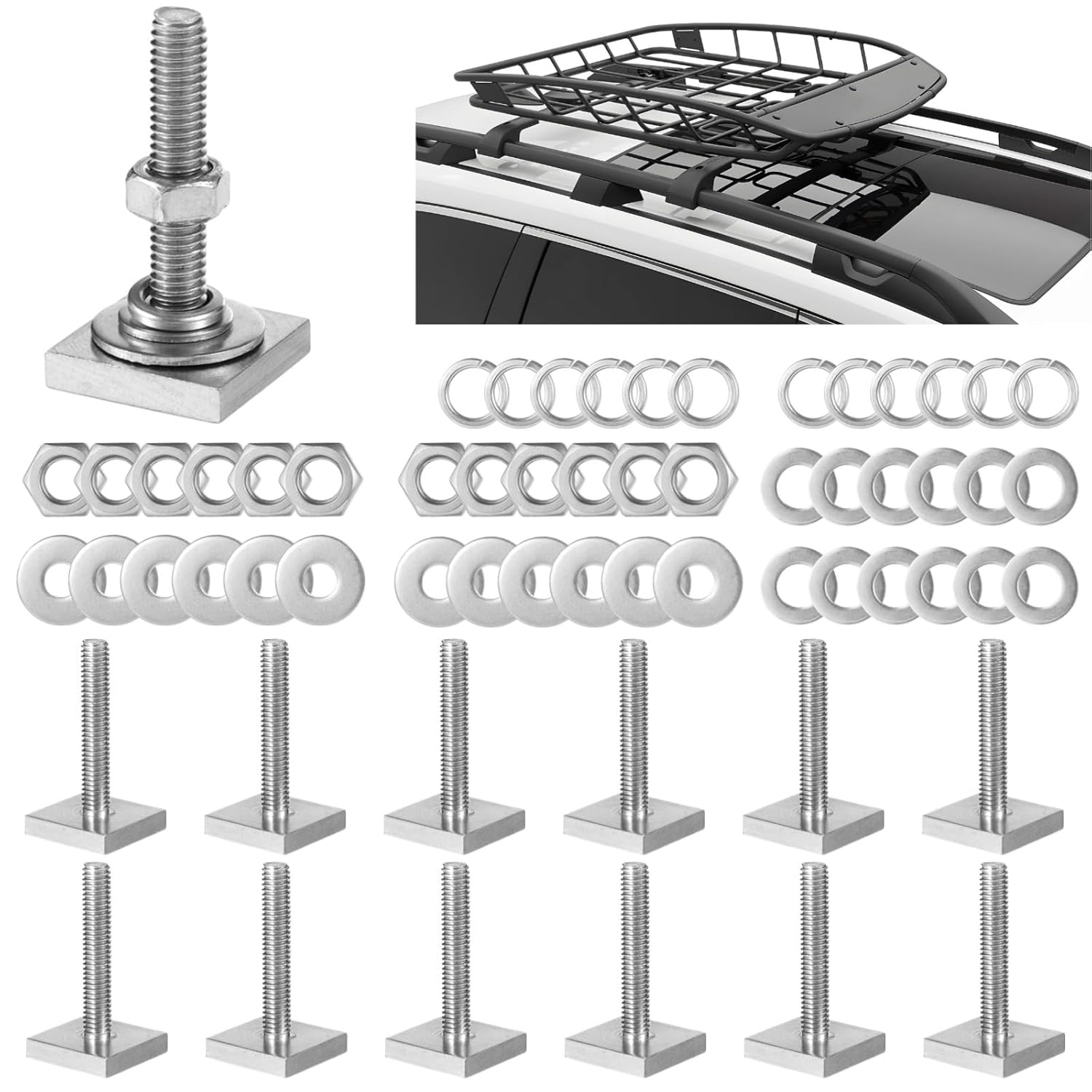 12 Pcs Stainless Steel T-Bolts, M6×35 Mm (1.38) Four Square Head T Slot Bolts With Washers & Nuts For Roof Racks And Kayak Racks