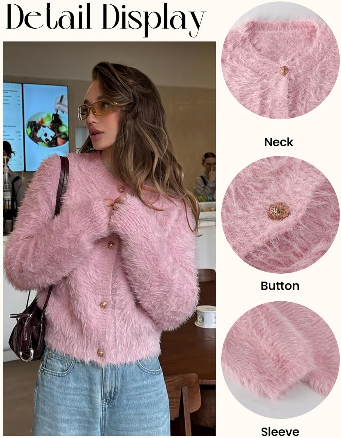 Yimoon Women's Fuzzy Cardigan Sweater Cropped Cardigans Soft Chunky Crewneck Knitwear - Image 6