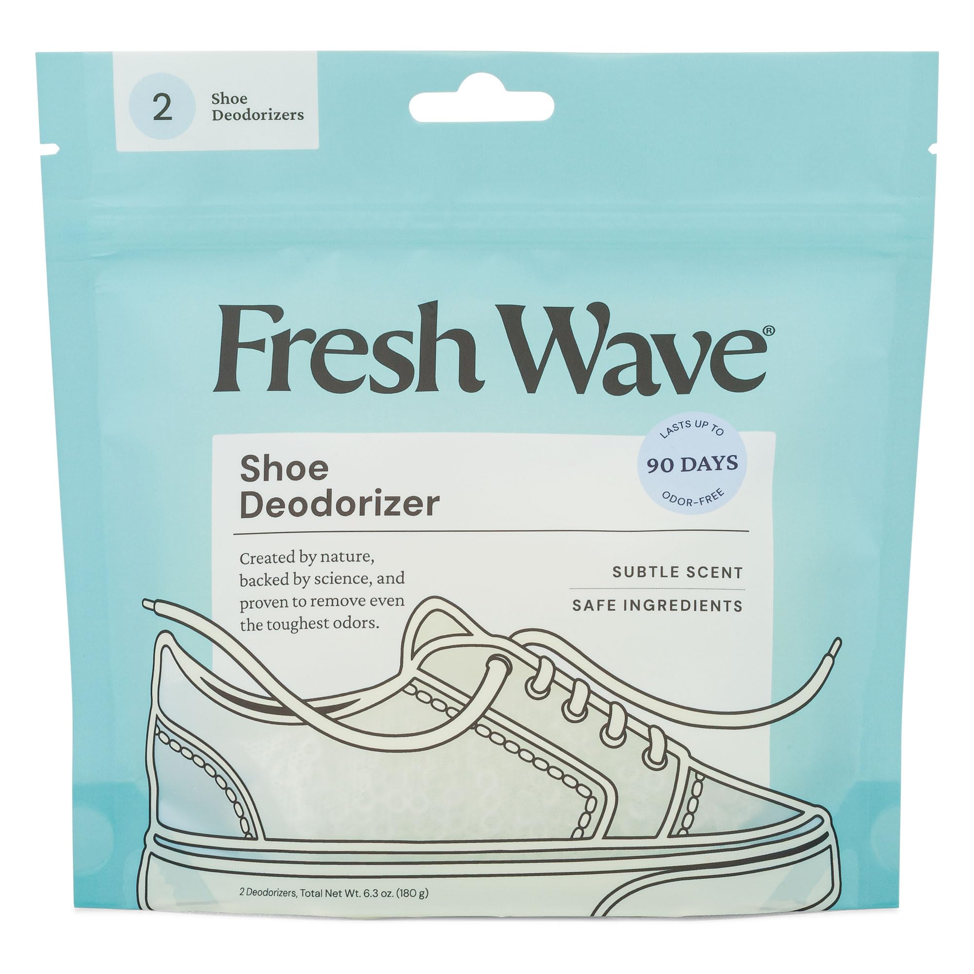 Fresh Wave Desodorante para zapatos, 1 paquete (2 unidades) – Ambientador de zapatos natural y seguro para todo tipo de zapatos, duradero y reutilizable, eliminador de olores para olores fuertes