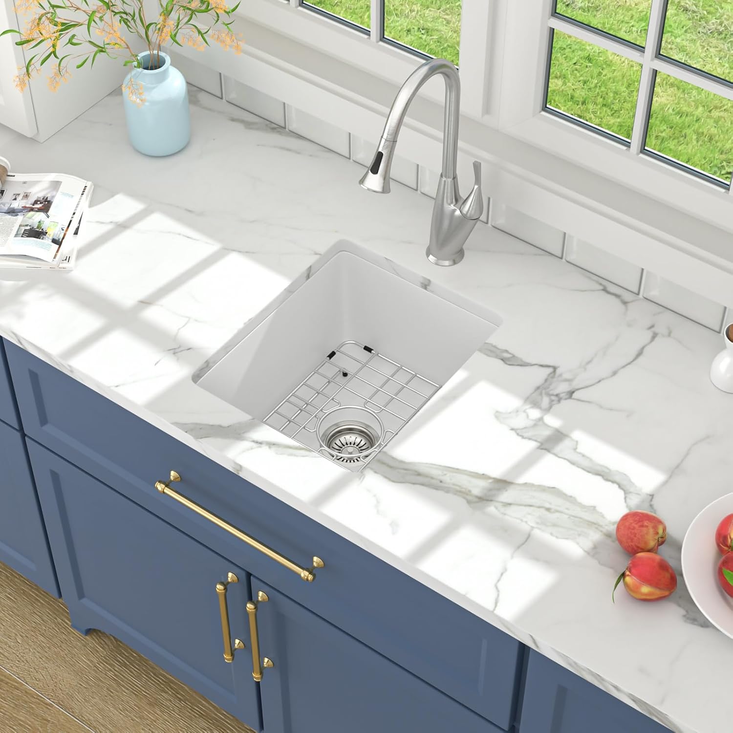 Lordear Granite Composite White Bar Sink 15 x 18 Inch Undermount Kitchen RV Sinks Small Quartz Bar Sink