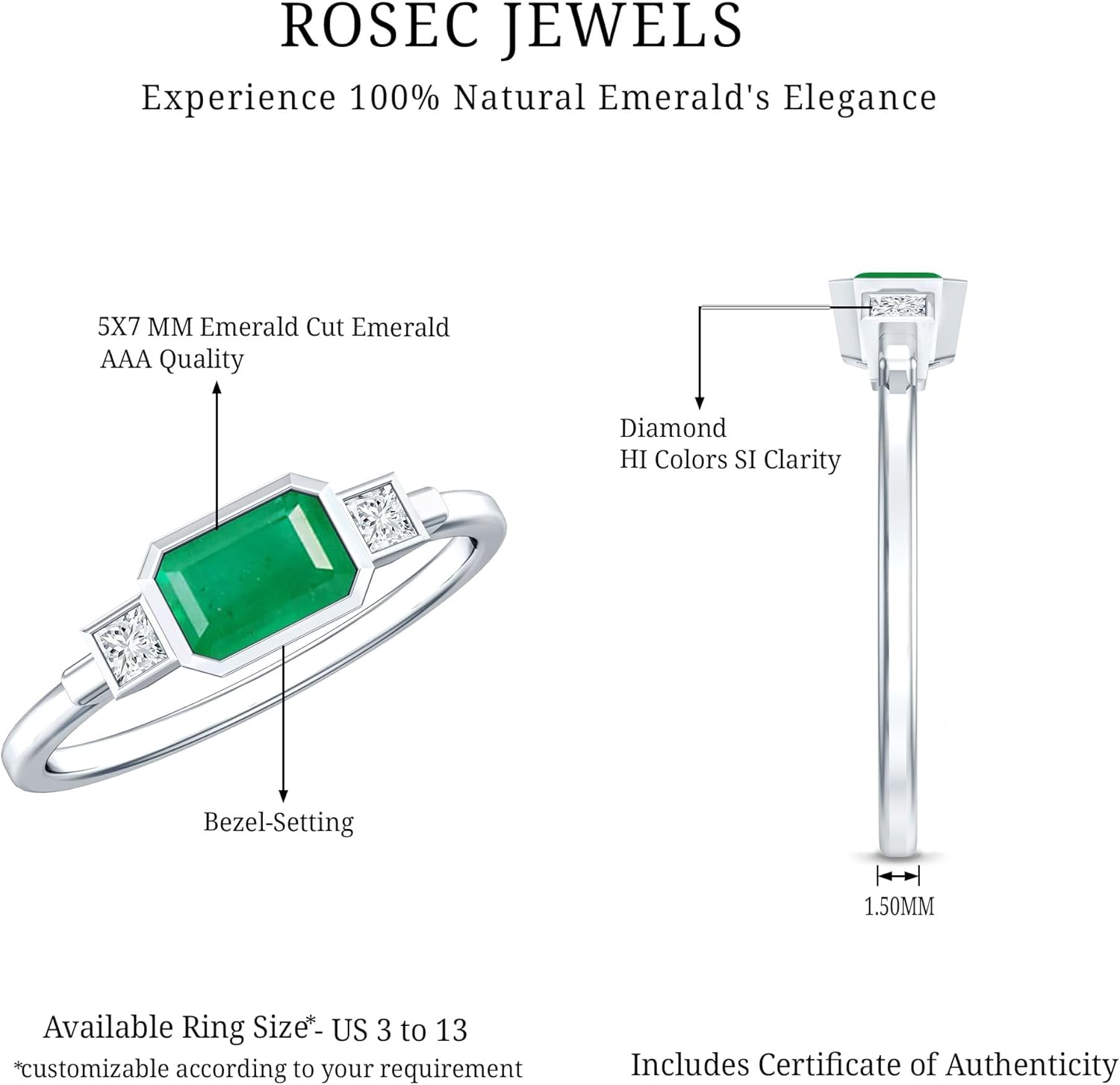 Natural 1.2 Ct Emerald Engagement Ring With Bezel Setting AAA Quality, Certified Emerald Diamond Ring - Mothers Day Gift