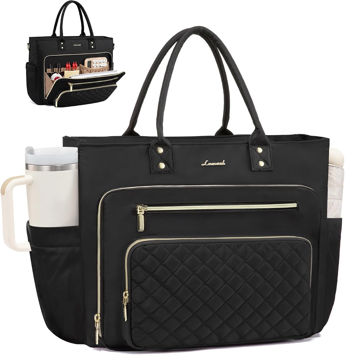 LOVEVOOK Teacher Tote Bag for Women Work, Laptop Bag Work Tote Bag Nurse Bags With Large Cup Holder, Professional Computer Briefcase Business Large Purses Handbag, Diaper Bag Mother Gift, Black