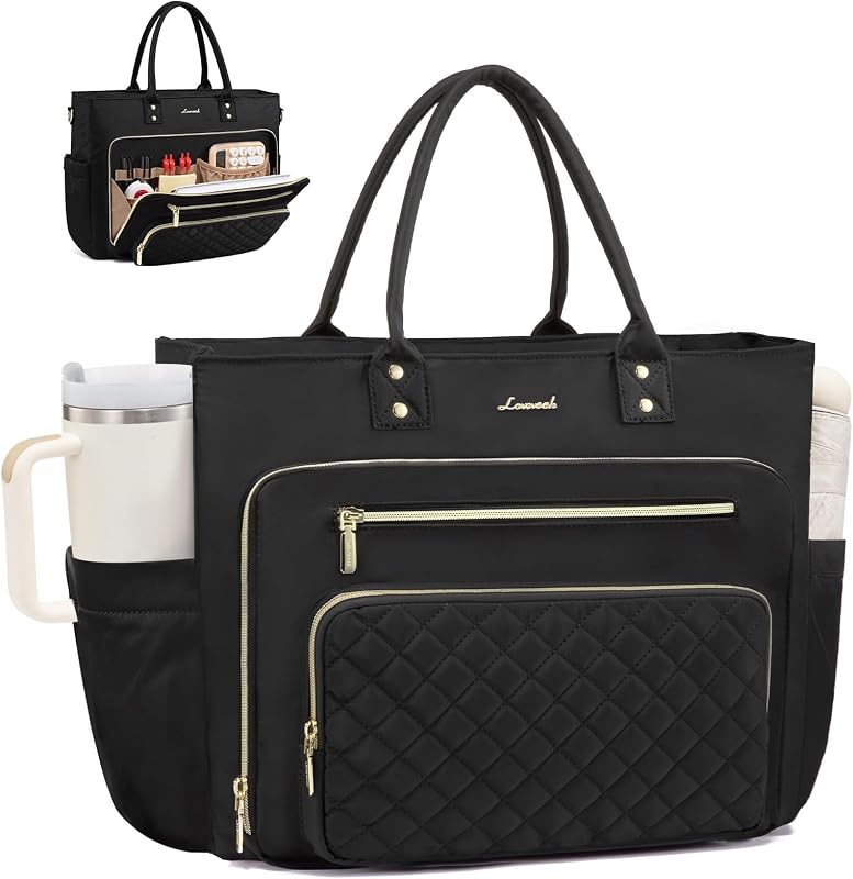 LOVEVOOK Teacher Tote Bag for Women Work, Laptop Bag Work Tote Bag Nurse Bags With Large Cup Holder, Professional Computer Briefcase Business Large Purses Handbag, Diaper Bag Mother Gift, Black