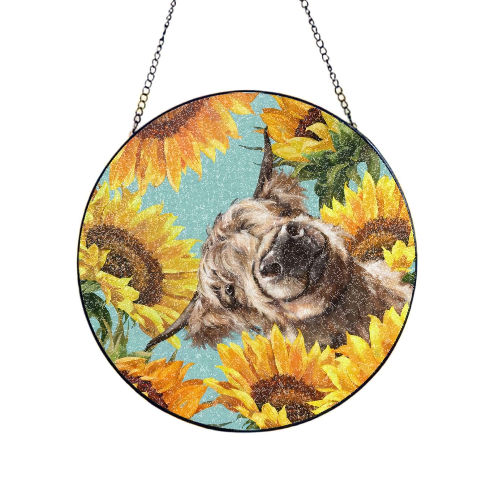 Phayah Cow With Sunflowers In Blue Print Glass Window Hanging Sun Catchers Suncatcher Decor For Birthday For Home Garden Porch 8in（20cm）