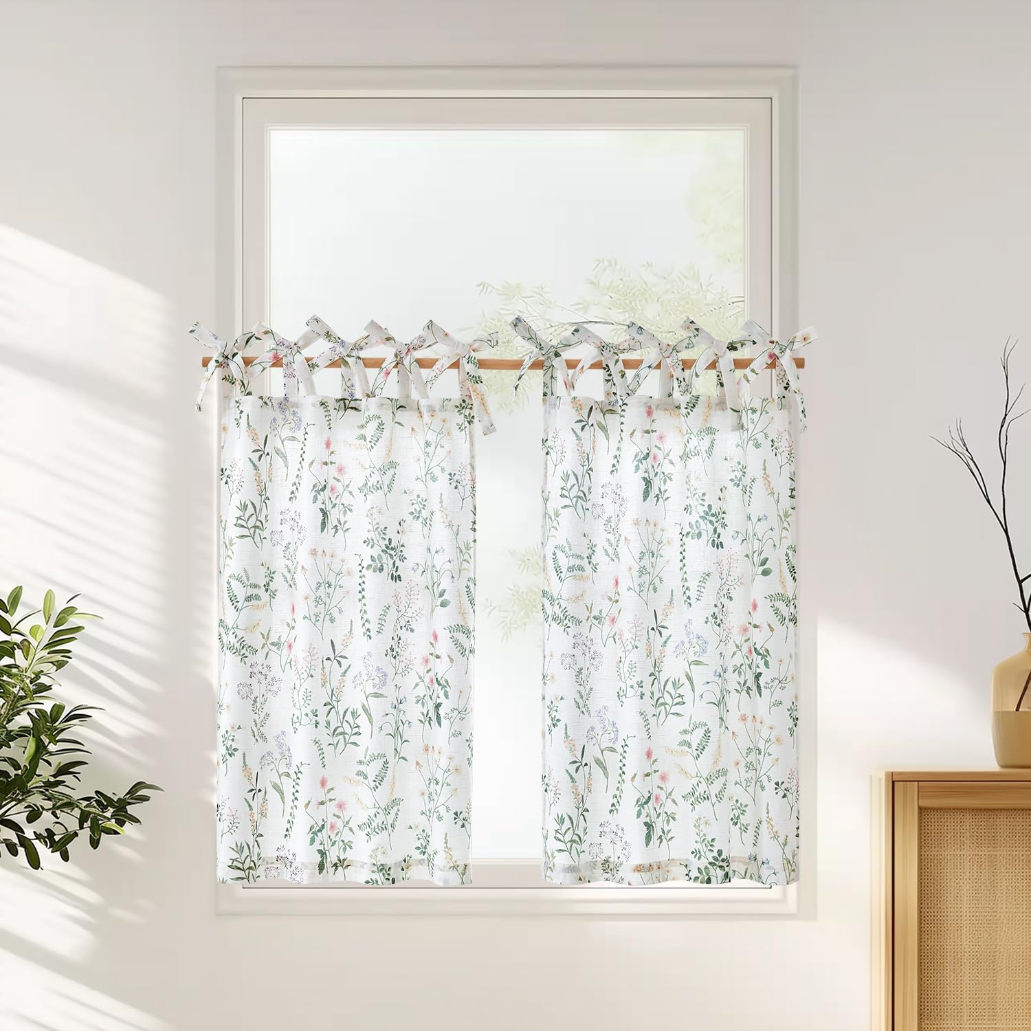 Photo 1 of jinchan Linen Kitchen Curtains Floral Printed Tier Curtains 45 Inch Length Farmhouse Cafe Tie Top Botanic Small Window Drapes for Farmhouse Cottagecore Laundry Bathroom RV 2 Panels Sage Green
