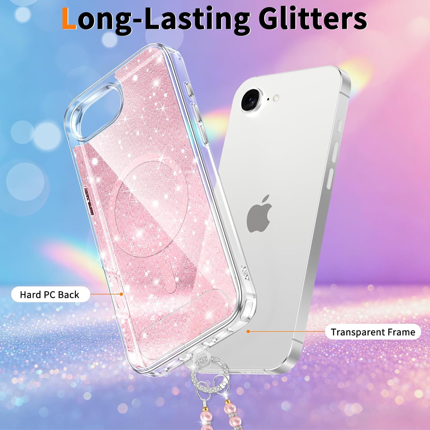 Magnetic for iPhone 17e/16e Case, Compatible with MagSafe,[Pearl Charms Wrist] [Cute Clear Bling Sparkly], Women Girl Slim Shockproof Phone Cover for 17e/16e, Glitter Pink image 4