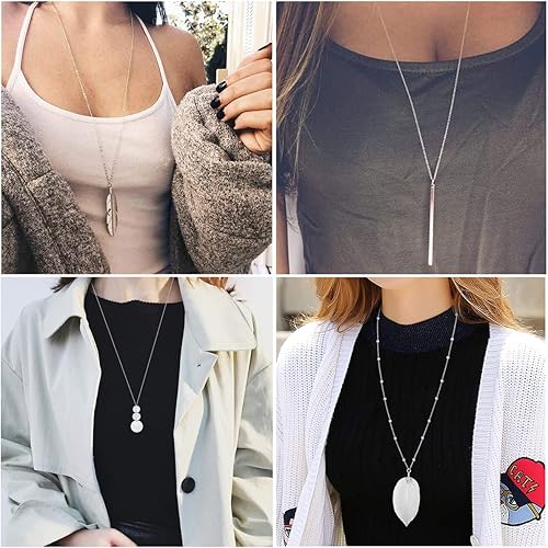 Miniatura 2 de Collares largos para mujer, collar con colgante de moda, barra de plata, círculo de plumas, cierre de hojas, borla y collar en Y, juego de joyas