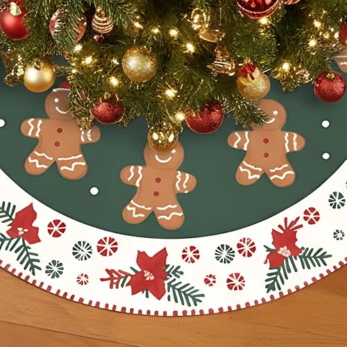 36 inch Christmas Tree Skirt, Gingerbread Design, Round Skirt with Tie Straps