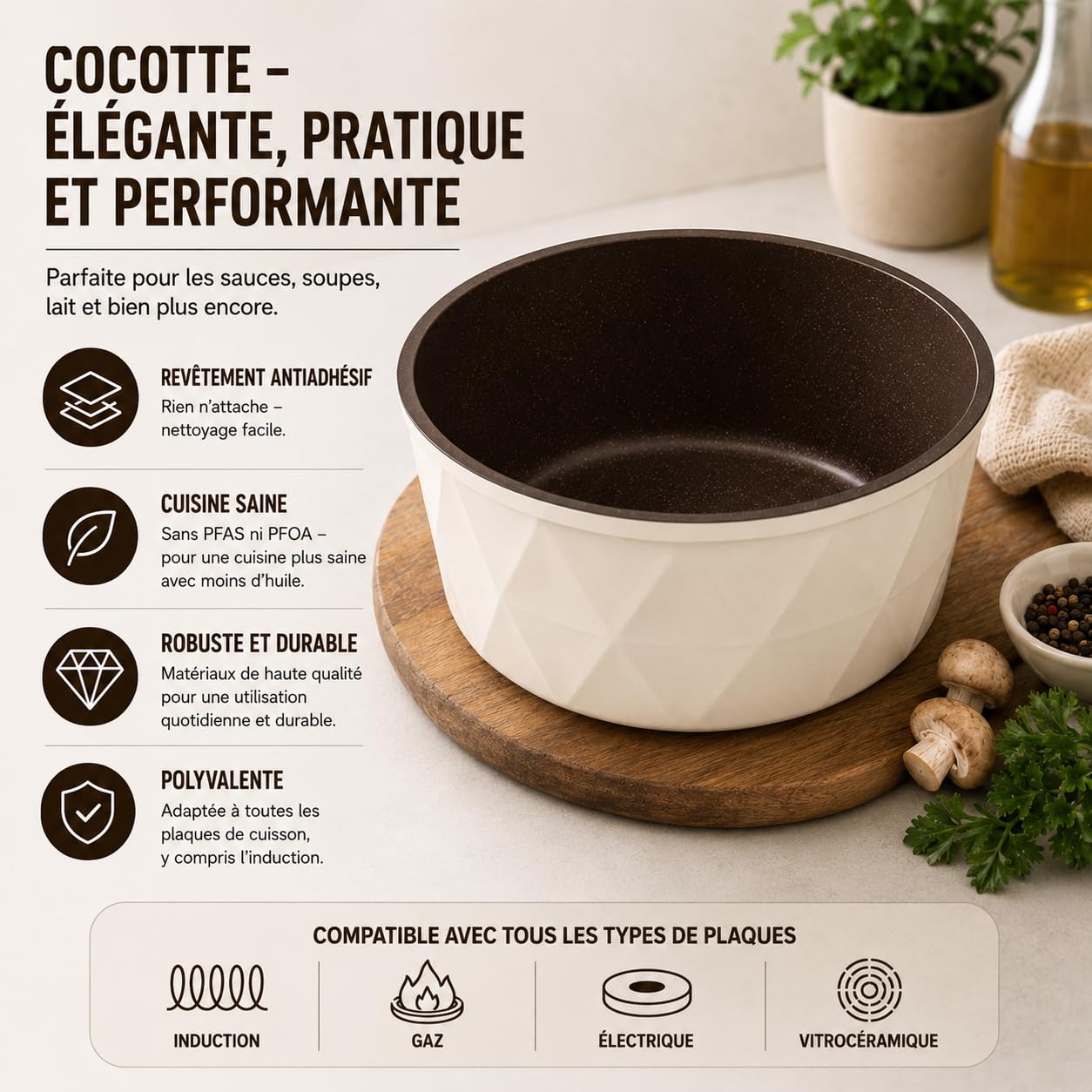 Royal Swiss® Batterie de Cuisine Induction 9 Pièces, Poignées Amovibles, Casseroles & Poêles Empilables, Revêtement Antiadhésif Sans PFAS, Couvercle Universel, Tous Feux, Beige