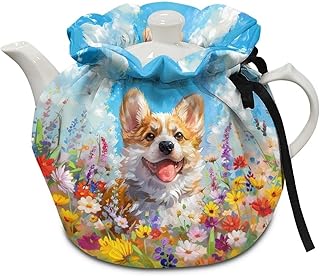 Xoenoiee Cute Corgi Vibrant Flowers Print Tea Cozy Teapot Cover Thermal Insulation Tea Pot Cosy Teapot Cover Home Kitchen Table Tea Pot Cover Teapot Cozy Warmer