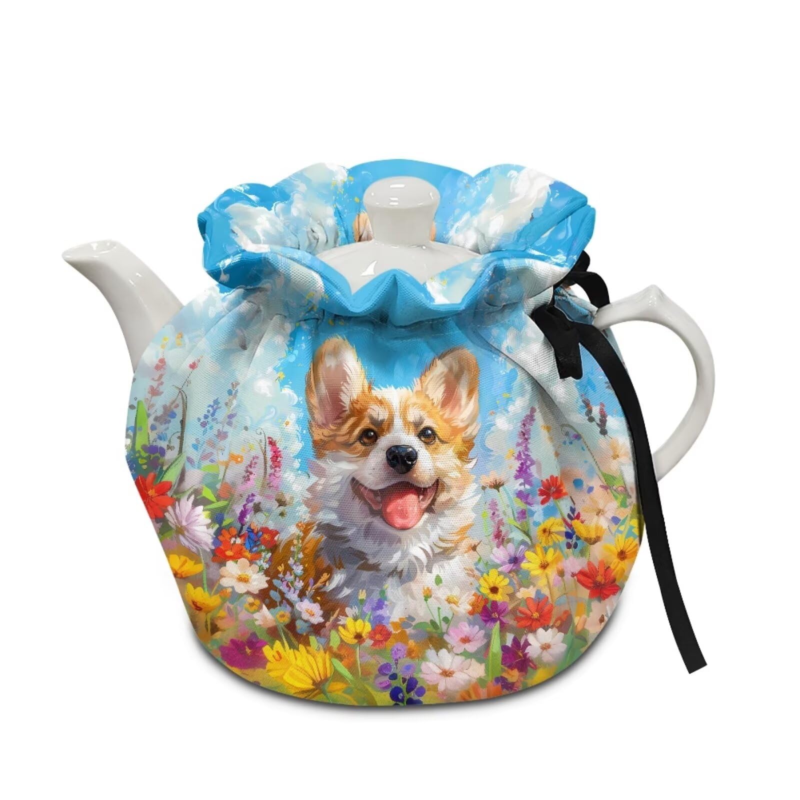 Xoenoiee Cute Corgi Vibrant Flowers Print Tea Cozy Teapot Cover Thermal Insulation Tea Pot Cosy Teapot Cover Home Kitchen Table Tea Pot Cover Teapot Cozy Warmer
