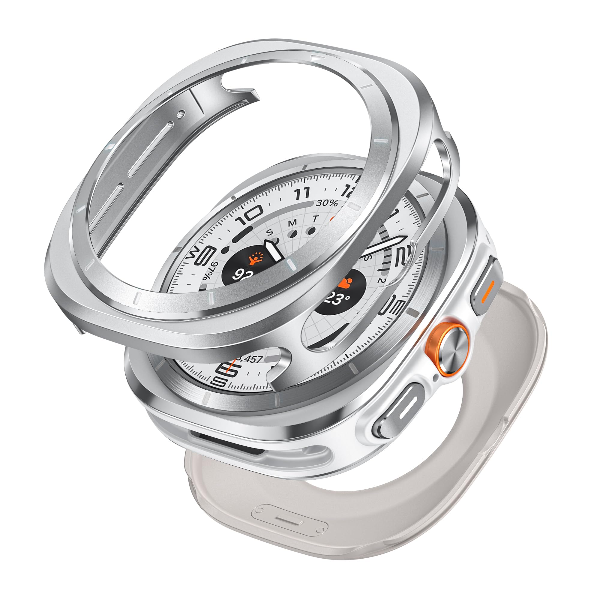 VeveXiao 2 in 1 Metal Rugged Case Compatible with Samsung Galaxy Watch 7 Ultra Case, Aluminum Shockproof Protective Bumper Cover for Galaxy Watch 7 Ultra (2024) 47mm Metal Case (Silver Orange)