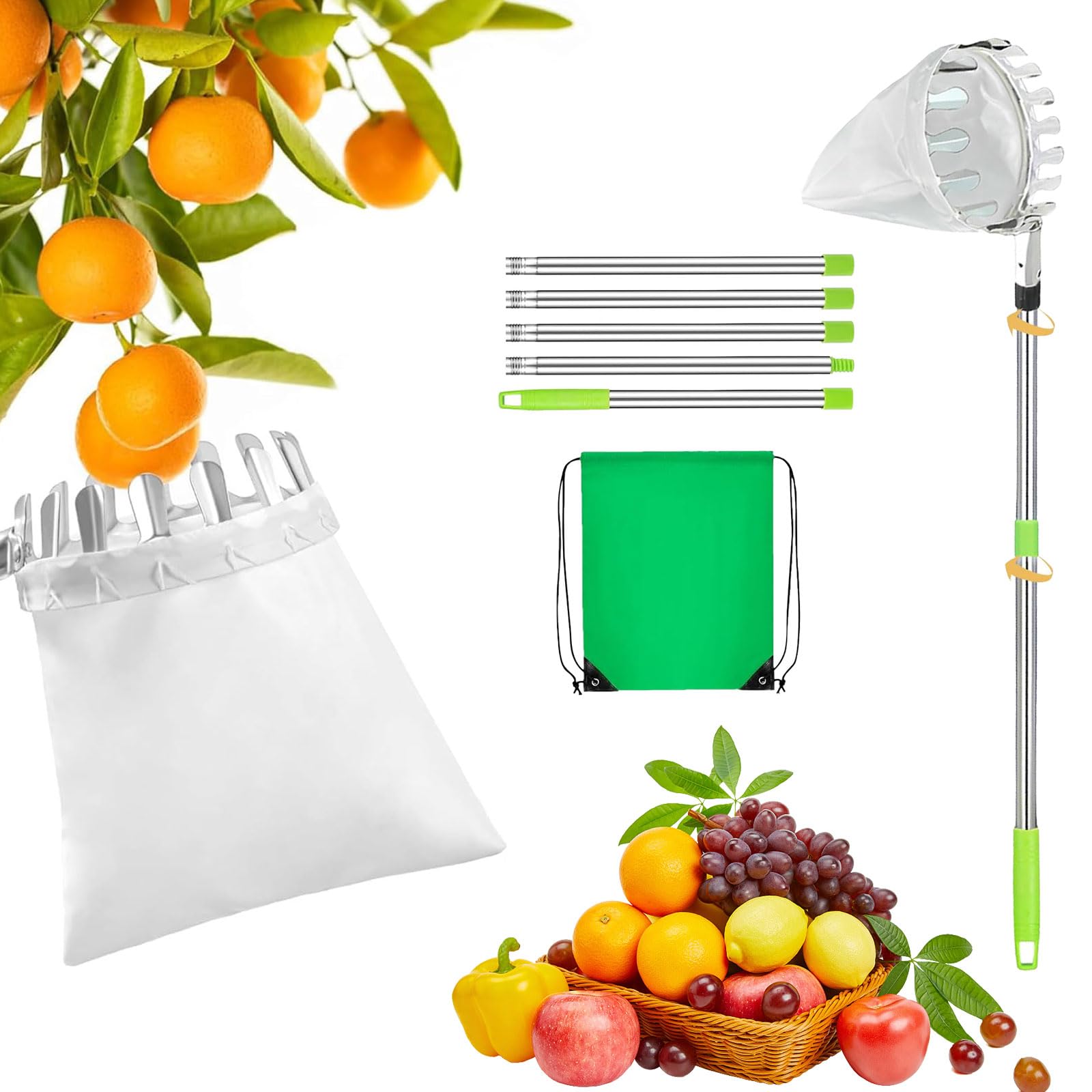 2.8m Raccoglitore Frutta Telescopico, Raccogli Frutta da Albero Acciaio Inox Leggero, Attrezzo Raccogli Frutta con Borsa in Cotone, Raccoglifrutta Regolabile in Mele