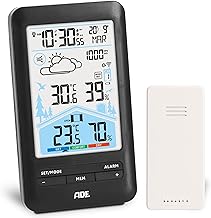 ADE Digital Weather Station with Outdoor Sensor and Alarm Clock | Ventilation Recommendation | Hygrometer Thermometer | Calendar | 2 Hours Alarm | Colour LCD Display