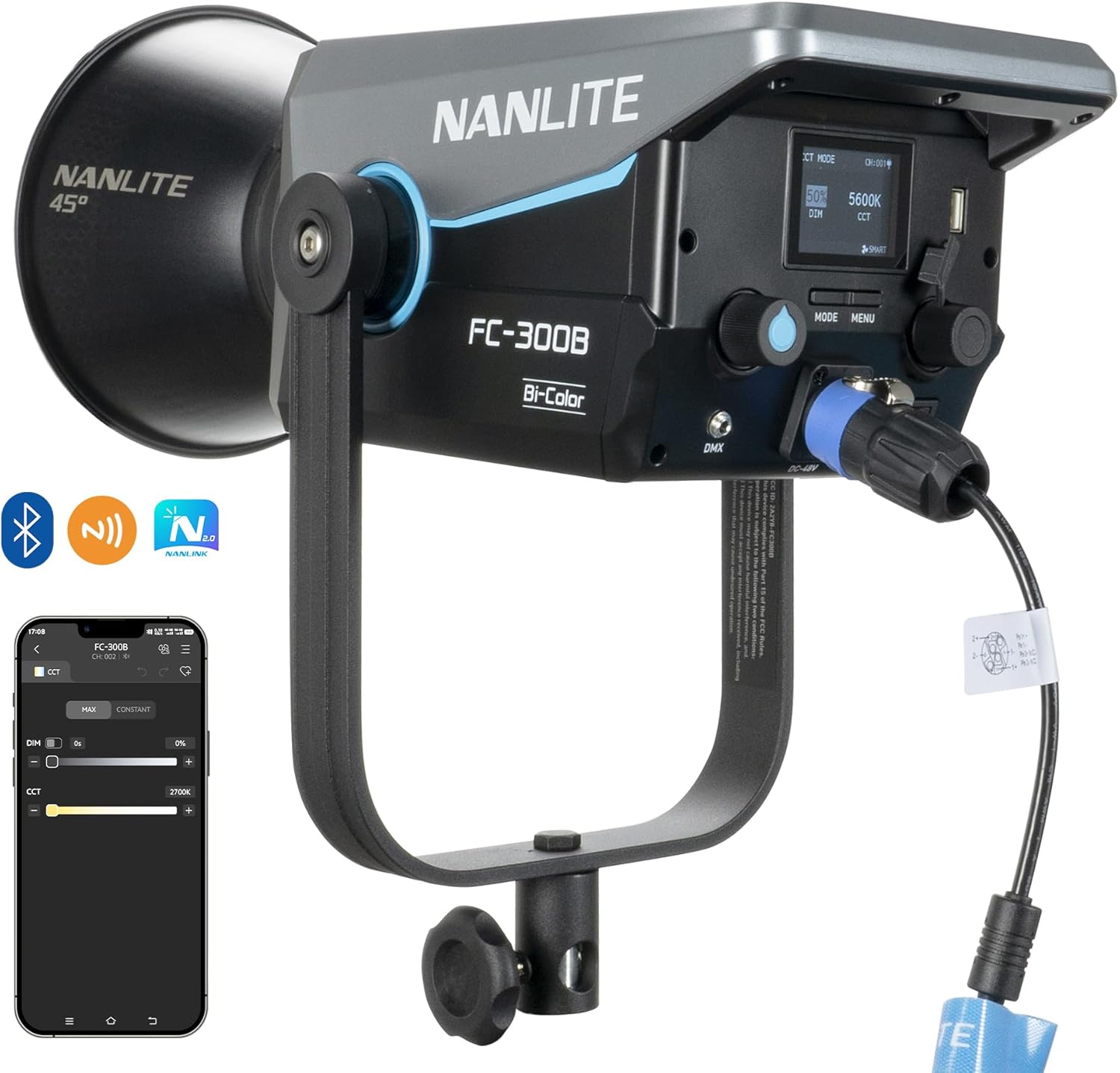 NANLITE FC-300B 350w LED Video Light, CRI 96+ 2,700K-6,500K Bi-Color Photography Light with Bowens Mount, FX Modes, App Control for Studio, Filmaking,Portrait,YouTube Content Creation