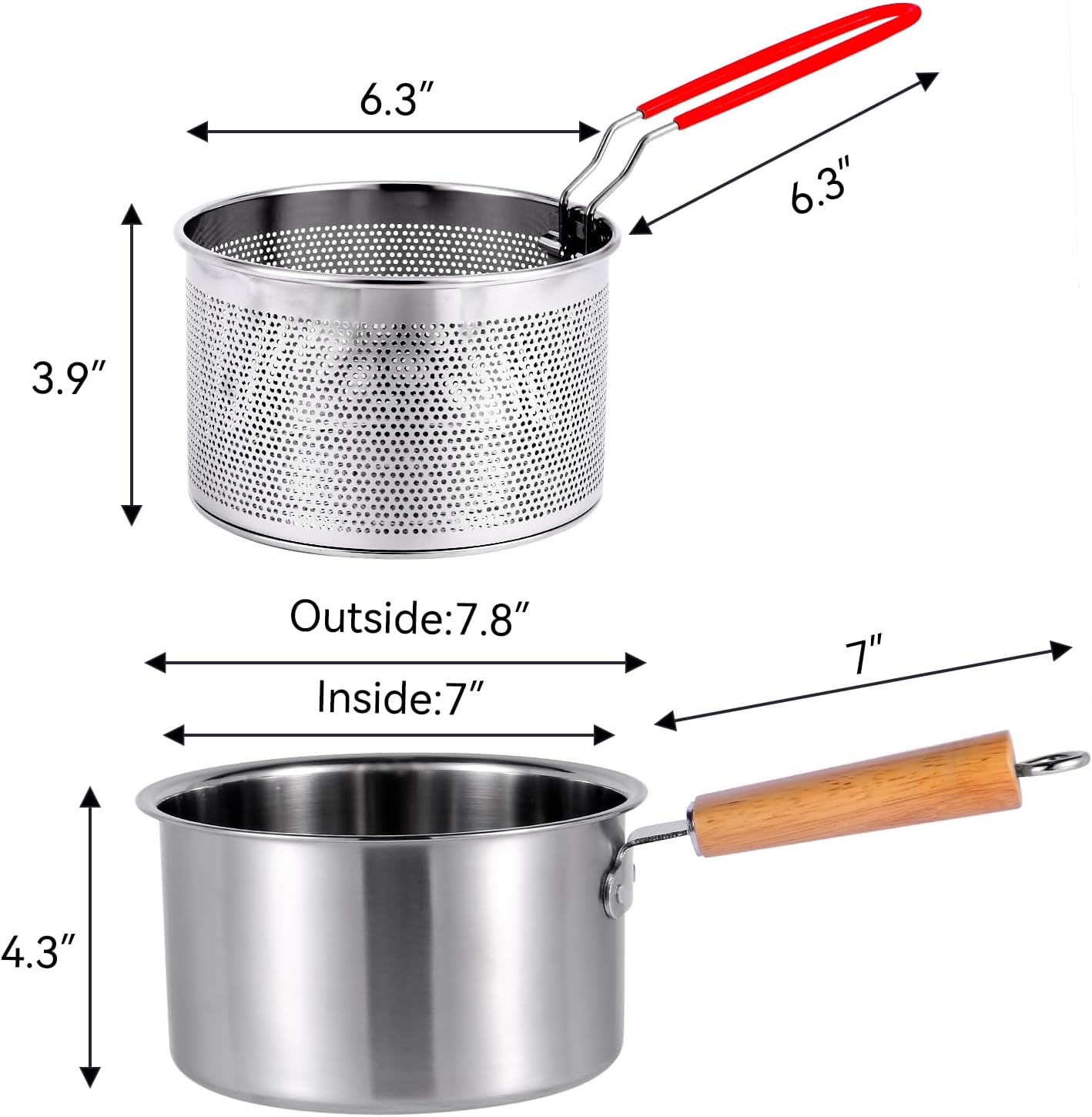 8-inch outer diameter, 5-inch high, 304 stainless steel multifunctional deep fryer with fryer basket, hot milk pot/used for cooking chicken wings, seafood, and French fries
