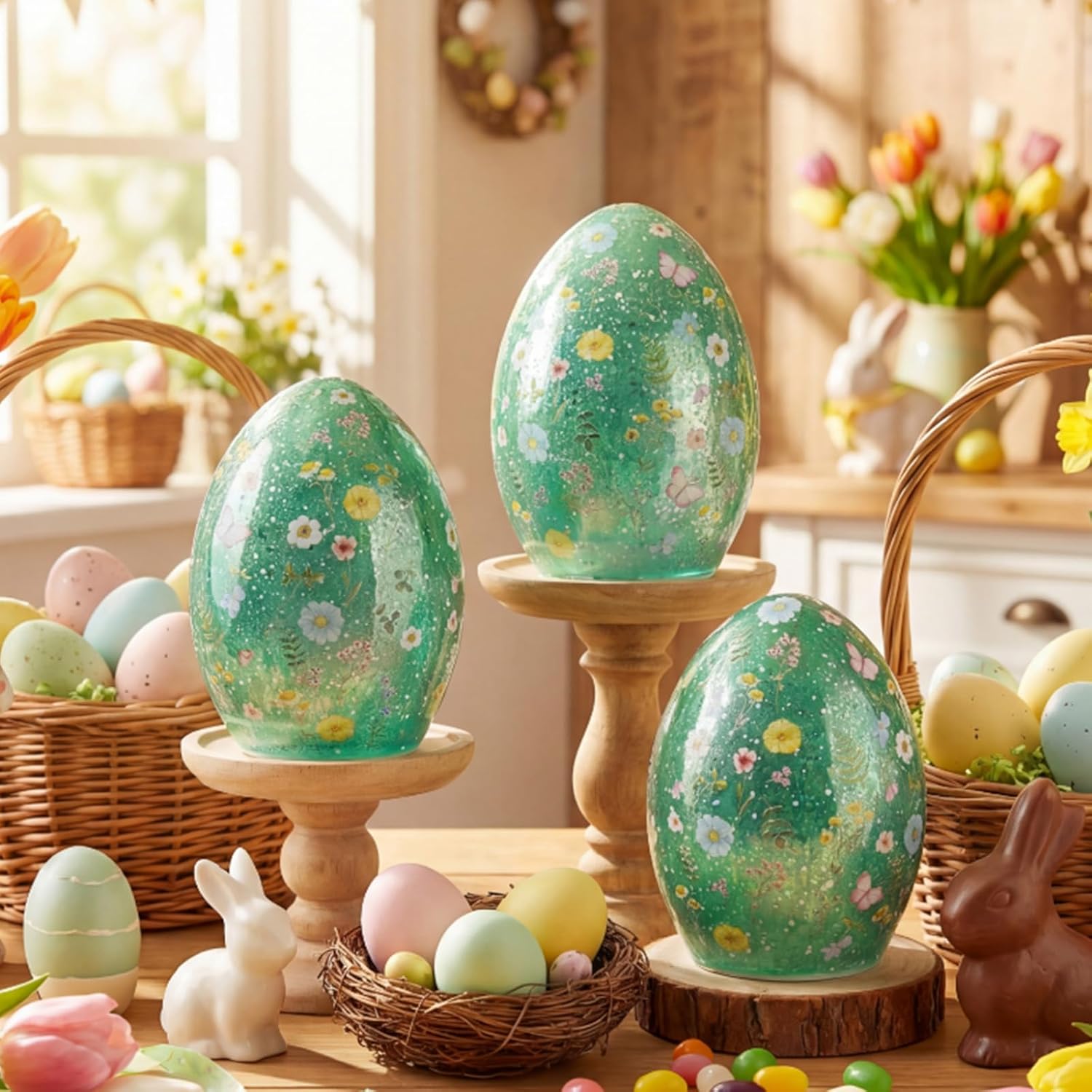 VIHOSE 3 Pcs Glass Easter Egg Light with Timer Mercury Wildflower Battery Operated 6inch Easter Egg Night Light Illuminated for Spring Home Decor Holiday Tabletop Centerpiece