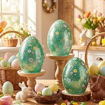 VIHOSE 3 Pcs Glass Easter Egg Light with Timer Mercury Wildflower Battery Operated 6inch Easter Egg Night Light Illuminated for Spring Home Decor Holiday Tabletop Centerpiece