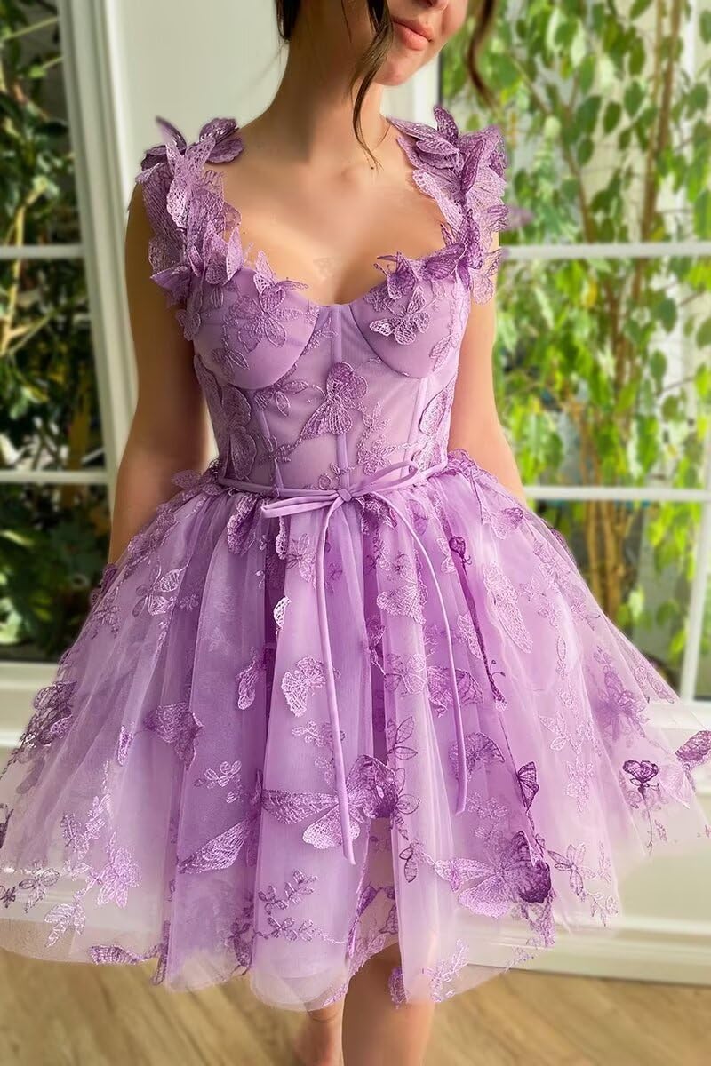 3D Butterfly Lace Applique Tulle Homecoming Dresses Sweetheart Mini Prom Cocktail Party Gowns for Teens