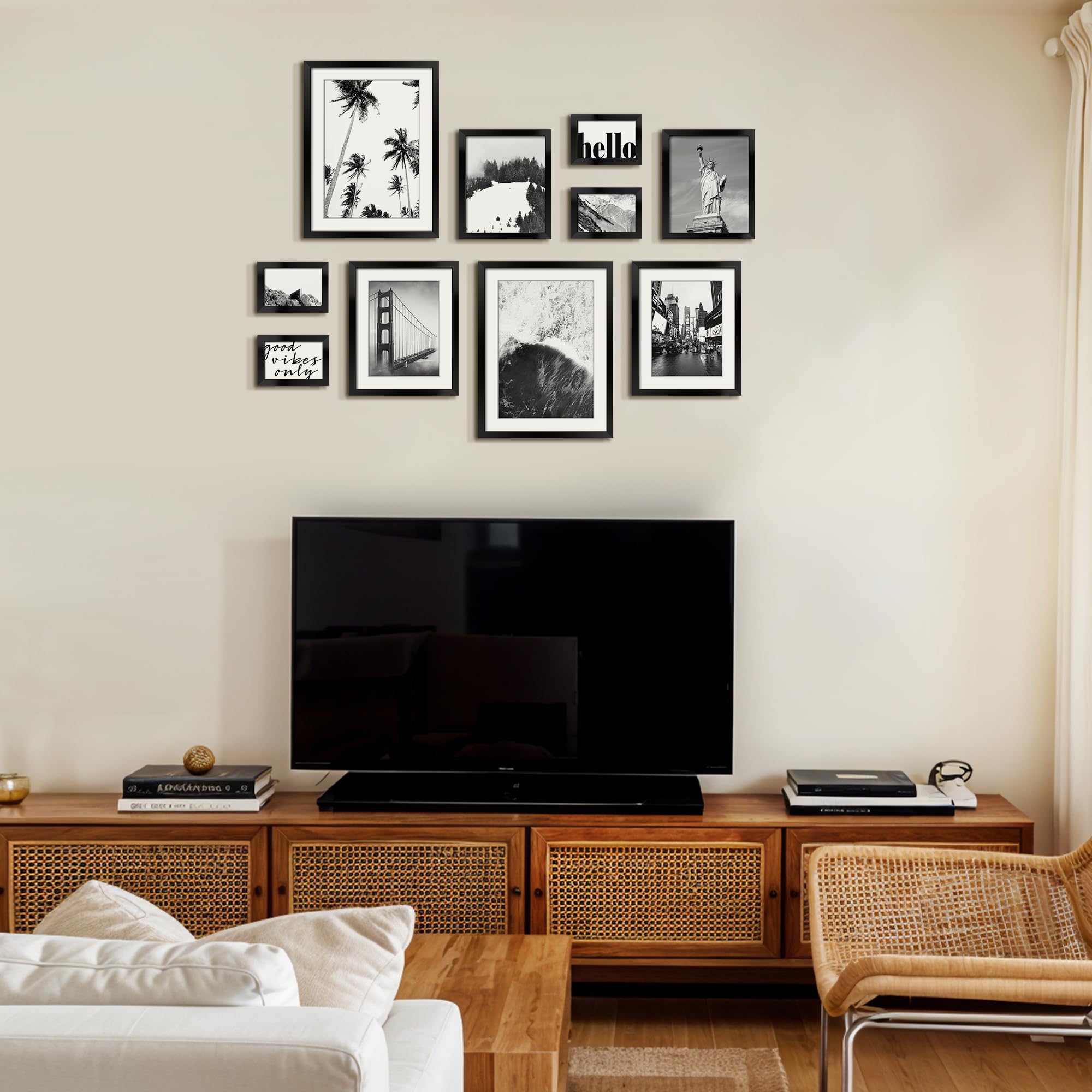 ArtbyHannah Gallery Wall Frame Set for Living Room, Multi-Size Black Picture Frames with Landscape Print Pictures, Hanging Wall Art Decor Black Photo Frame for Staircase Decoration (10 Pack)