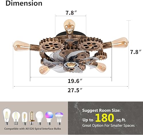 Miniatura 3 de Ventiladores de techo steampunk industriales retro de 20 pulgadas con luces y control remoto, ventilador de techo de perfil bajo sin aspas con luz,