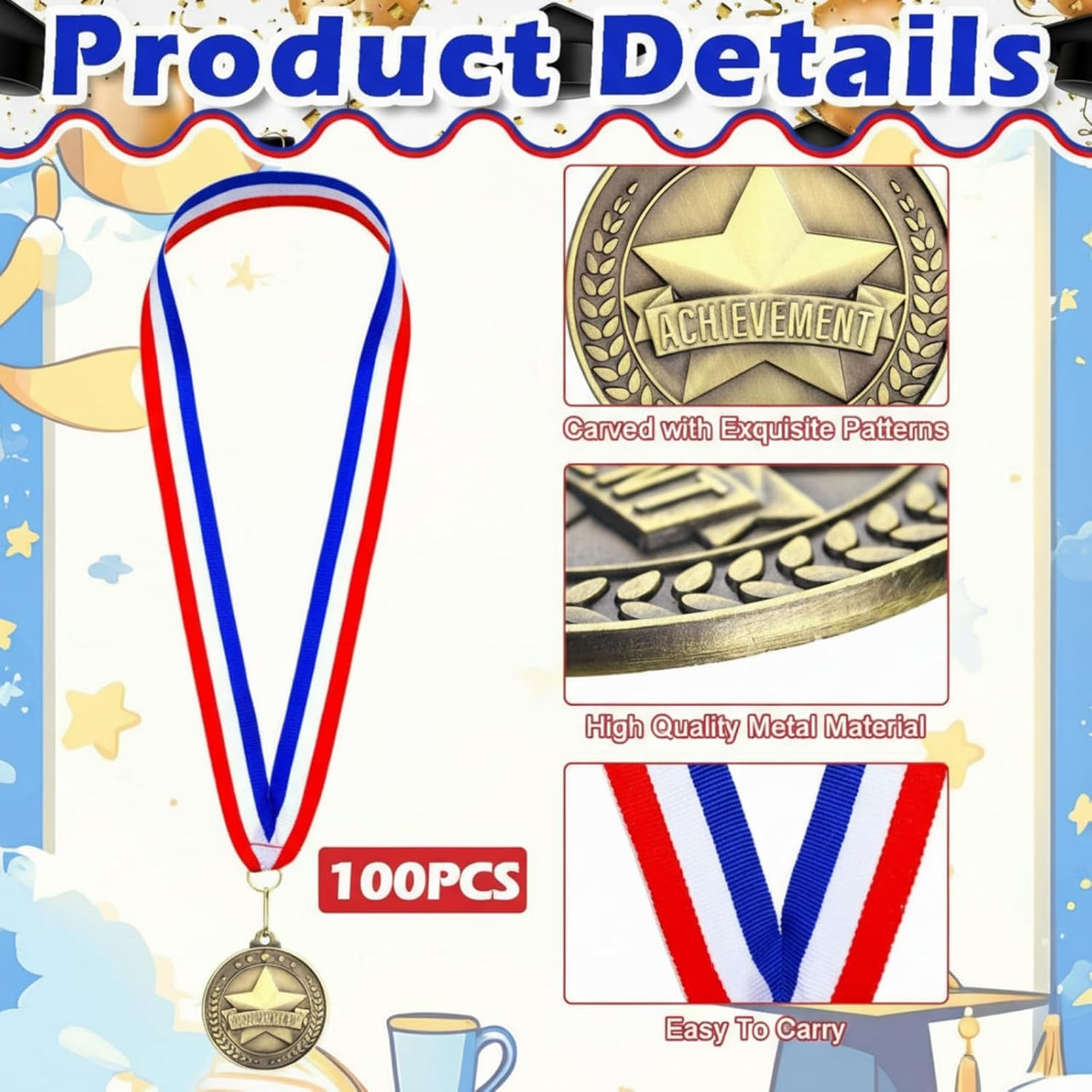 Quelay 100 Pcs 2'' Award Medals Bulk Gold Winner Medals with Neck Ribbons Metal Trophy Award Prize Gift for Tournaments, Competitions, Party, Kids and Adults