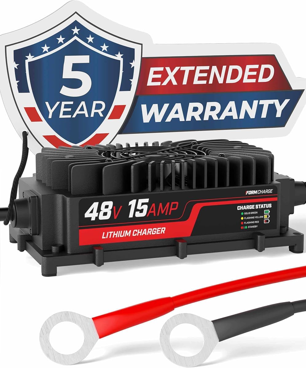 FORM 48V Lithium LiFePO4 Battery Charger for Golf Carts – 48 Volt 15A Onboard Charger, 51.2V/58.4V, Forklift (Ring Terminals)
