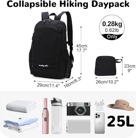 25L Hiking Backpack with Wet Pocket for Men Women, Ultralight Foldable Gym Backpack Packable for Sport Outdoor Travel, Black
