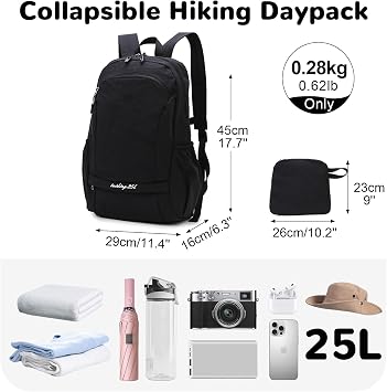 25L Hiking Backpack with Wet Pocket for Men Women, Ultralight Foldable Gym Backpack Packable for Sport Outdoor Travel, Black