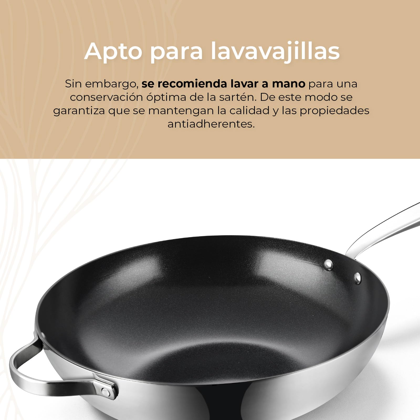 Be Living Sartén wok de acero inoxidable – Ø 32 cm – cerámica – inducción – sin PFAS, antiadherente – sartén – serie Essential