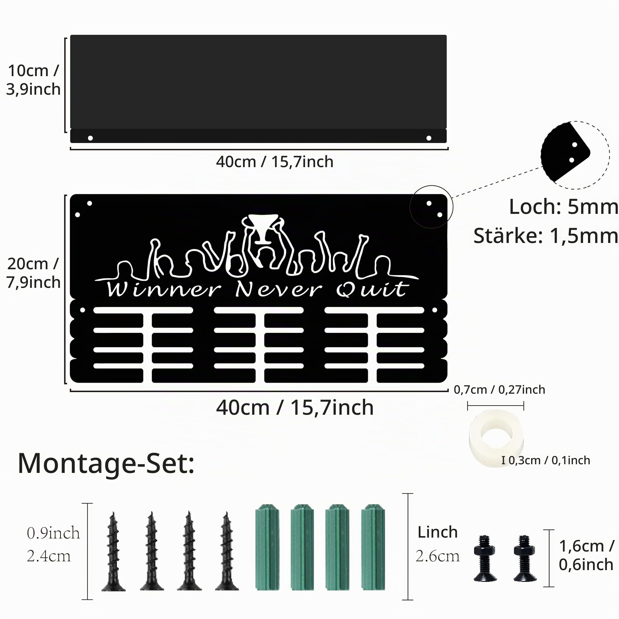 CREATCABIN Medaillenhalter,Trophäenregal,Medaillenaufhänger,Display Mit Regalständer,Sport,4 Reihe,Wandhalterung,Für Fußball,Laufen,Schwimmen,Auszeichnungenständer,40x20x10 cm-Gewinner Gibt Nie Auf