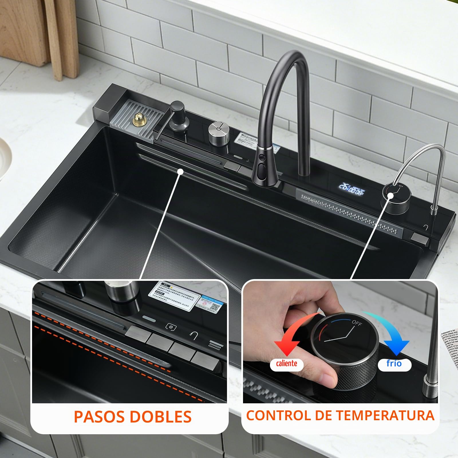 Fregadero Cocina Multifuncional 1 Seno Negro 80x45 cm | Fregadero Cascada en Acero Inoxidable 304, Grifo Extraíble y Grifo Filtrante, Tabla de Cortar y Accesorios Completos