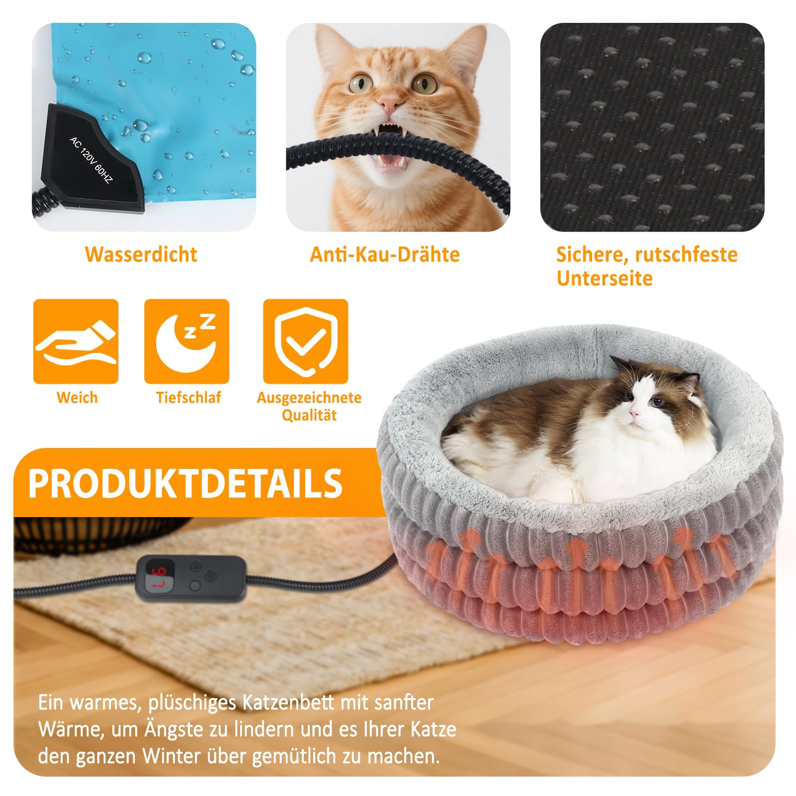 Beheiztes Katzenbett, rundes Wärmebett für Katzen und Hunde, elektrisches Haustierbett für erholsamen Schlaf, Katzen-Heizbett mit verstellbarem Heizkissen, waschbar