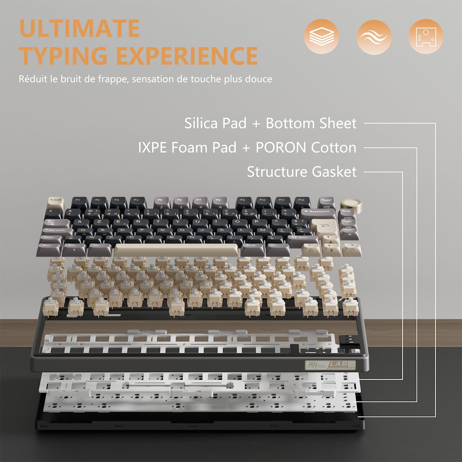 RK ROYAL KLUDGE R75 Teclado Mecánico, Teclado Gamer Cableado 75% AZERTY con Gasket Mount, Rueda de volumen, Interruptor Creamy Lineal Hot-Swap, Teclas PBT, Retroiluminación RGB para Windows/Mac/PC