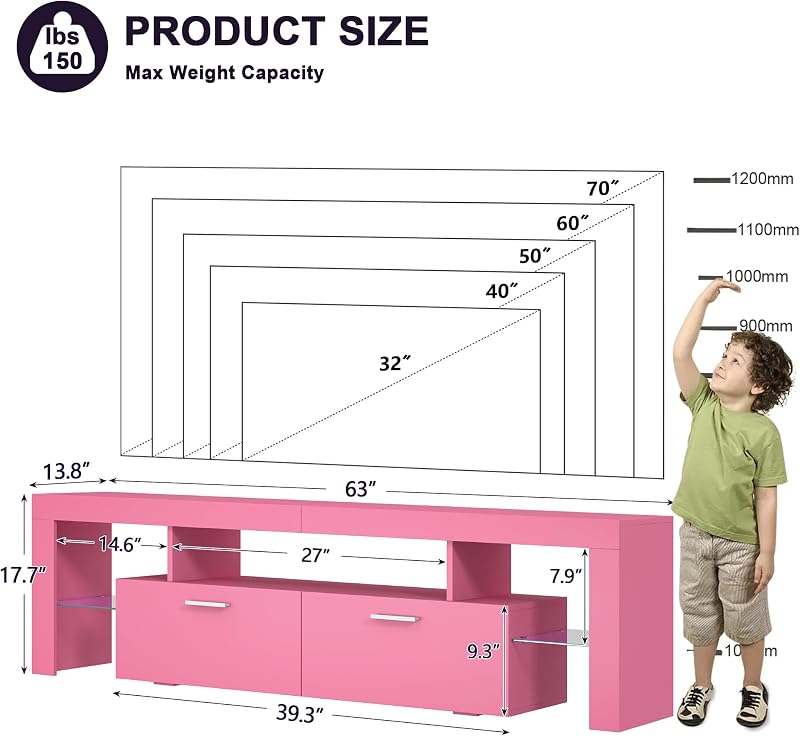 Clikuutory Modern Lighting 63 inch TV Stand with Large Storage Drawer for 50 55 60 65 70 75 Inch TVs, Entertainment Center Media and Open Shelf for Bedroom, Pink image 6