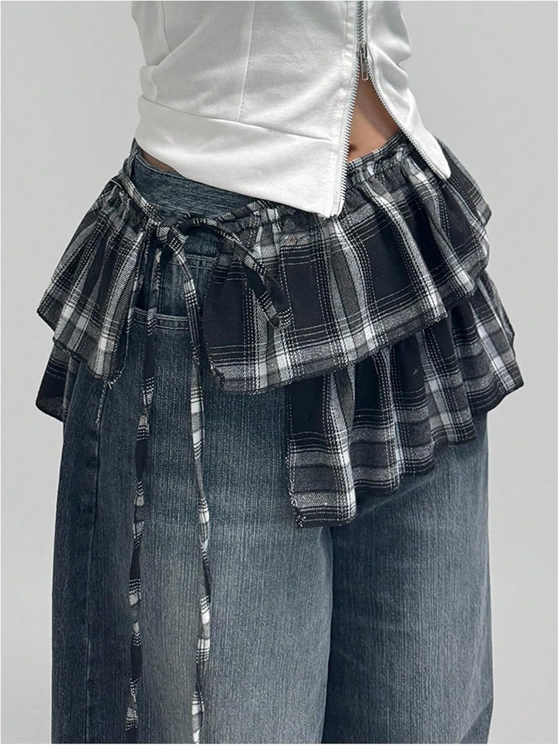SHENHE Women's Plaid Layered Ruffle Side Tie Y2k Low Rise Coquette Wrap Micro Mini Skirt - Image 2
