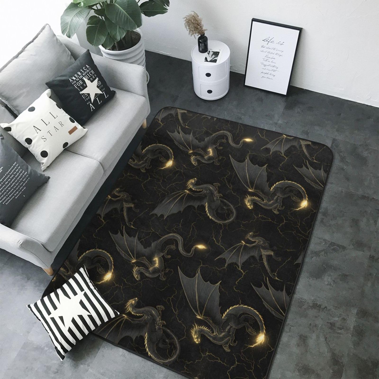 Grand tapis pour salon dragon noir et or au fini luxueux doux