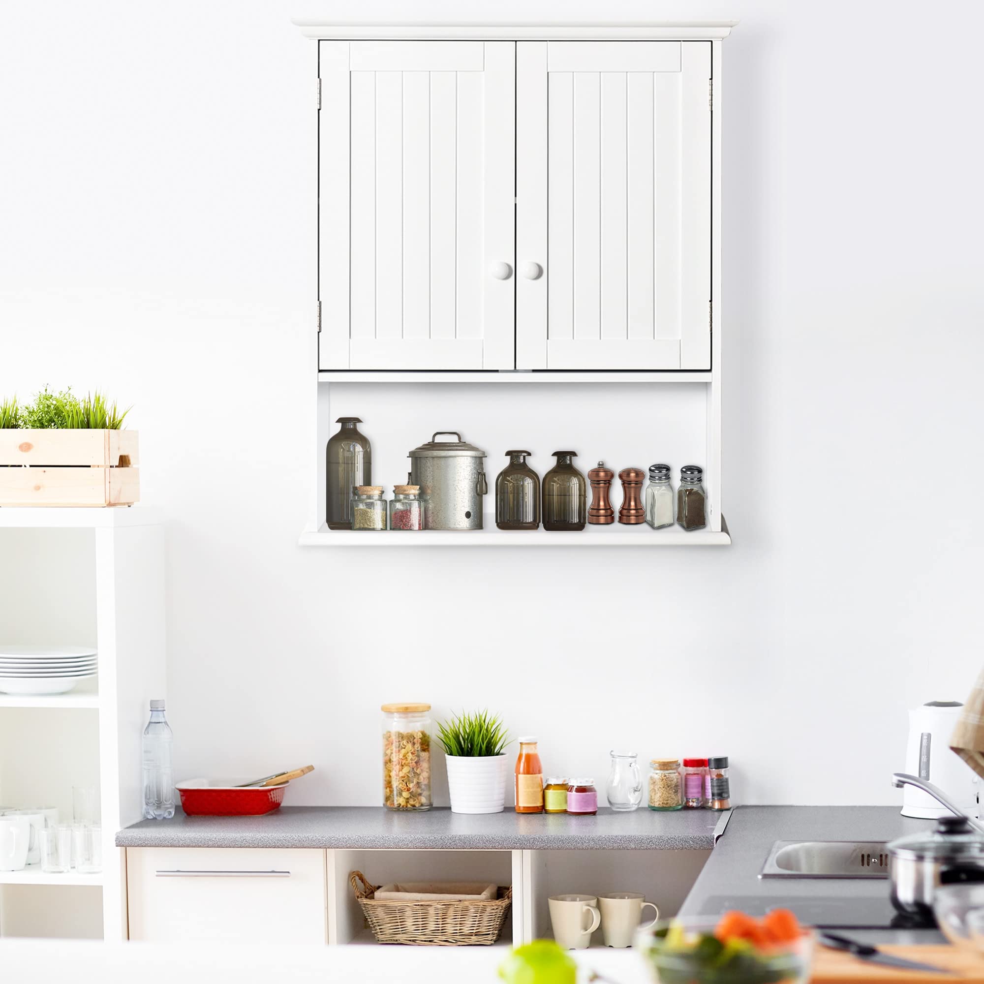 kleankin Armario Baño de Pared con 2 Puertas Estante Interior Ajustable y Compartimento Abierto Mueble Auxiliar Suspendido Multiusos para Cocina 60x20x70,5 cm Blanco