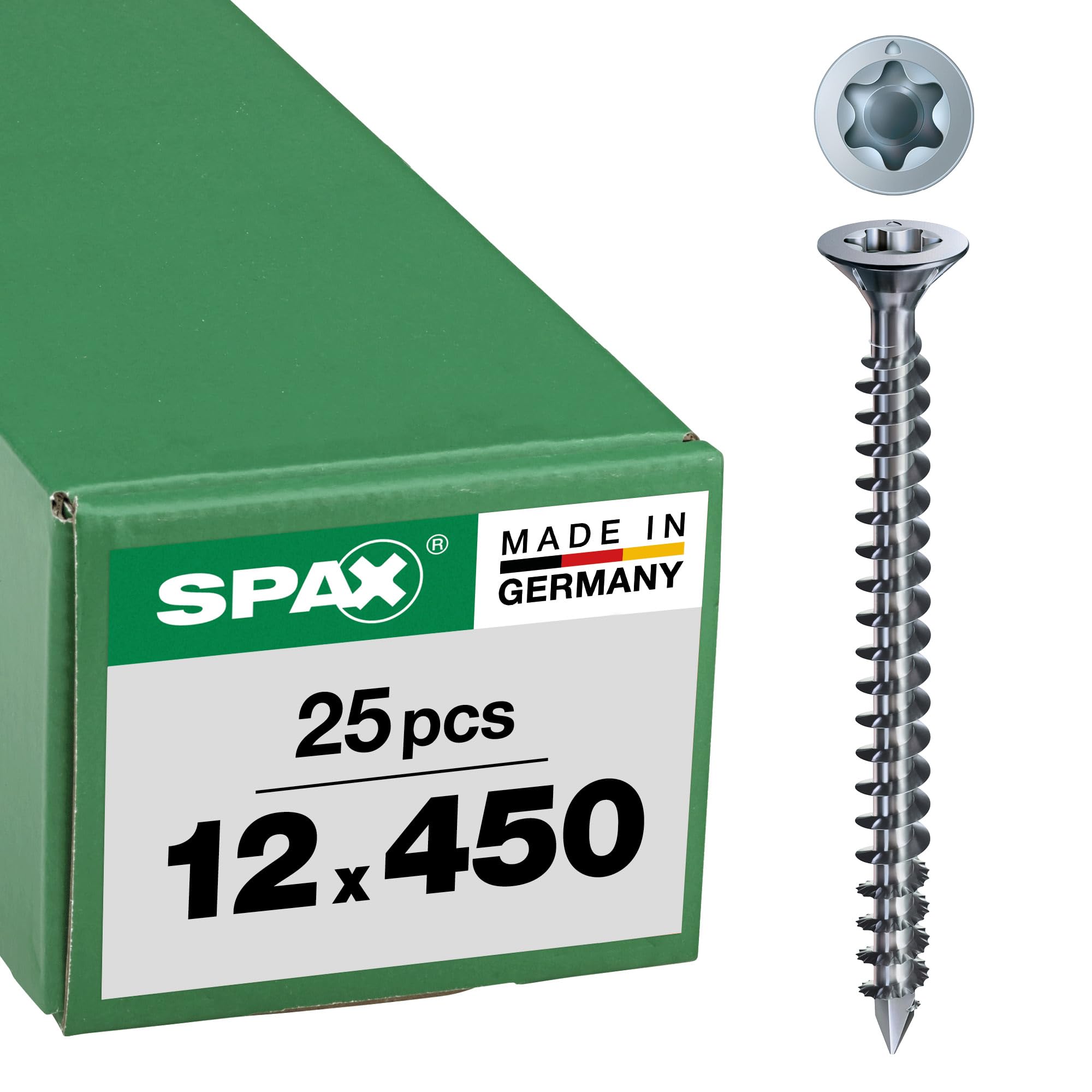 SPAX Holzbauschraube, 12, 0 x 450 mm, 25 Stück, T-Star plus, Senkkopf mit Fräsrippen, Vollgewinde, Cut-Spitze, Wirox A3J, 1201021204505, 10 Stück, 1201011204505