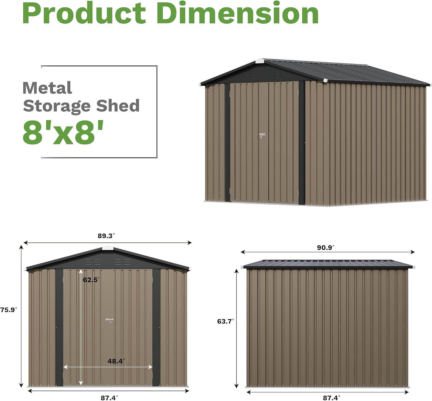 Detailed product dimensions for the Patiowell 8x8 FT Metal Storage Shed.