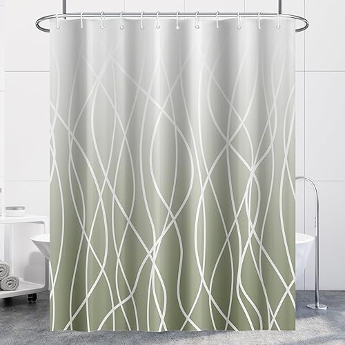 Miniatura 74 de Cortina de ducha pequeña a rayas gris claro degradado para baño, 36 x 72 pulgadas, juego de cortina de ducha geométrica para cabina de RV con Gris