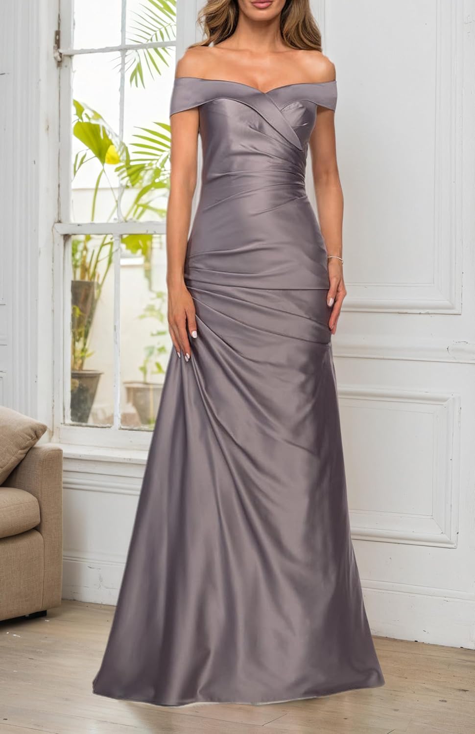 Off Shoulder Mother of Bride Dresses for Wedding Satin Long Evening Gowns Ruched Mermaid Formal Dress