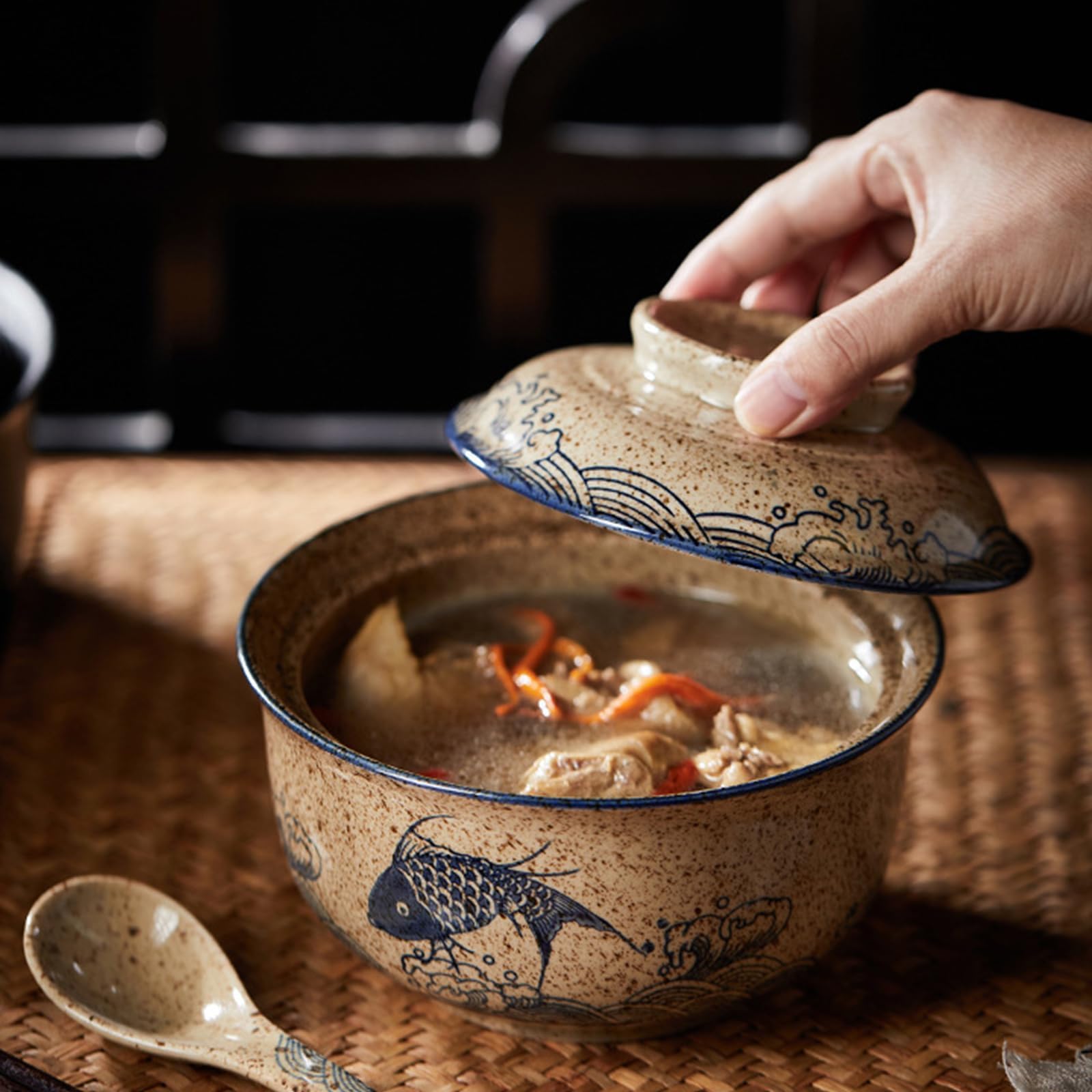 Bol à ramen en céramique avec couvercle,Bol Japonais,Bol Ramen en Porcelaine,Bol de Nouilles Instantanées,Bols à Soupe,Vaisselle Japonaise,pour pho, céréales, soupe (Style A)