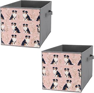 Australian Shepherd Floral Pink Storage Bins Foldable Closet Organizer Cube Storage Organizer with Handles 10.6 X 10.6 X 10.6 Inches