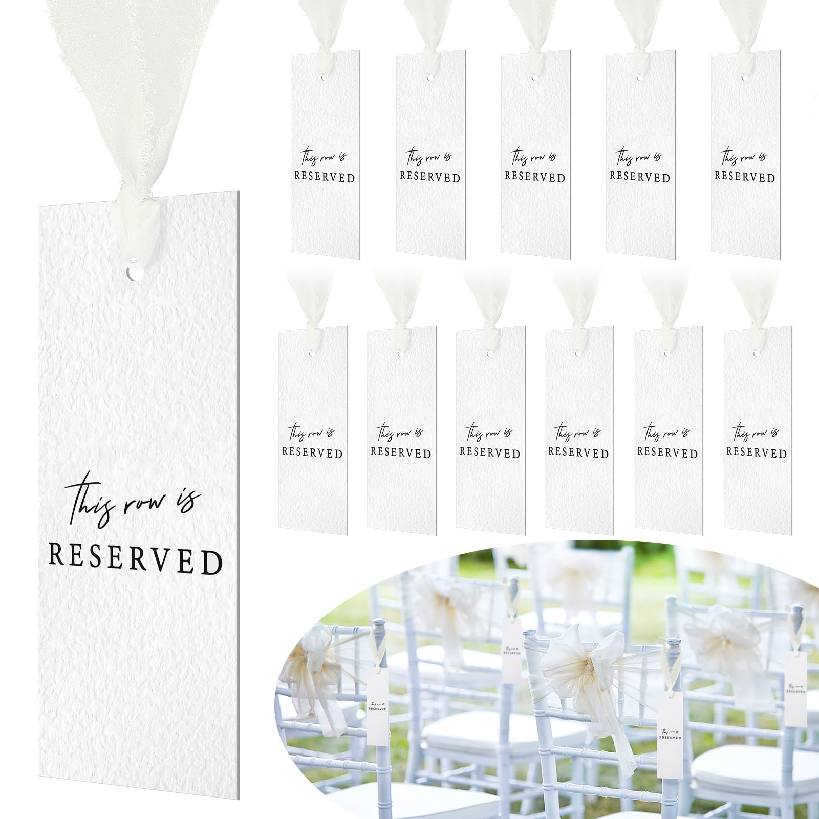 Photo 1 of Clabby 12 Pack Wedding Reserved Chairs Hanging Signs with Ribbon for Reception Party This Row Is Reserved Signs for Wedding Church Events Restaurant Pews Chair(Light Nude)