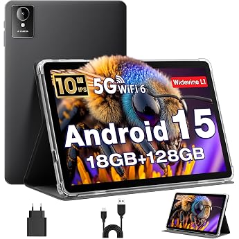 Tablet 10 Inch Android 15 Tablets with Case Unisoc T30 Quad-Core 18GB RAM + 128GB ROM + 1TB TF 1280x800 HD IPS Display 5MP + 8MP Dual Camera 6000mAh WiFi 6 BT 5.0 Widevine L1 K50