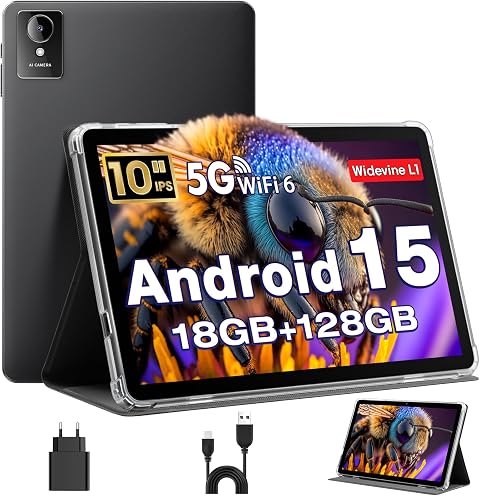 Tablet 10 Pollici, Tablet Android 15 con Cover, Unisoc T30 Quad-Core, 18 GB RAM + 128 GB ROM + 1 TB TF, Display HD IPS 1280x800, Fotocamera Doppia 5MP + 8MP, 6000 mAh, WiFi 6, BT 5.0, GPS (K50)
