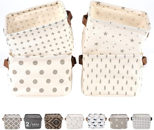 LessMo 4 Pack Storage Baskets, Collapsible Mini Storage Boxes, Canvas Fabric Waterproof Storage Bins made from Cotton and Linen, for Toys, Bathroom, Closets, Playroom (GREY-SPOT, Thin/waterproof)