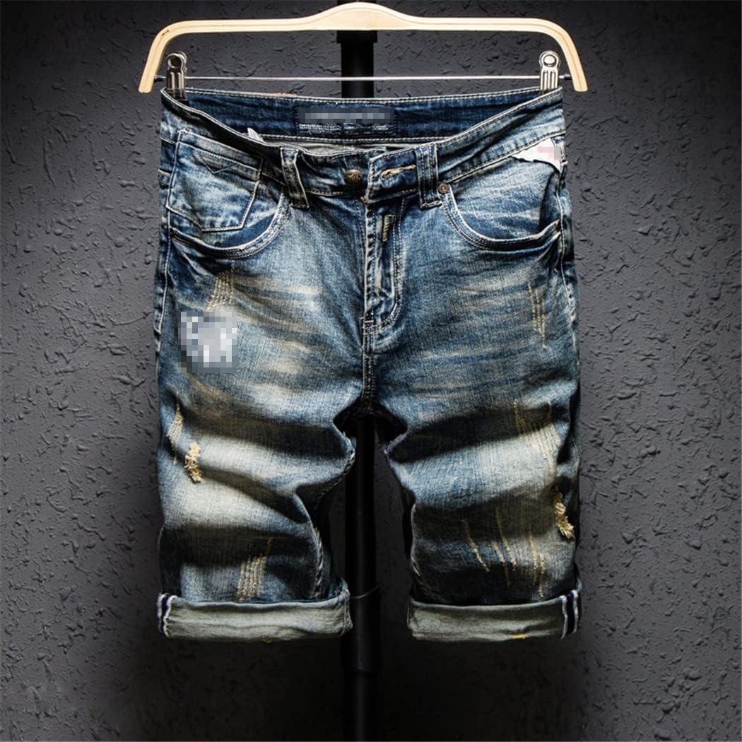 Men's Classic Retro Distressed Letter Printed Jeans Shorts Knee Length Straight Slim Frayed Trend Punk Denim Shorts