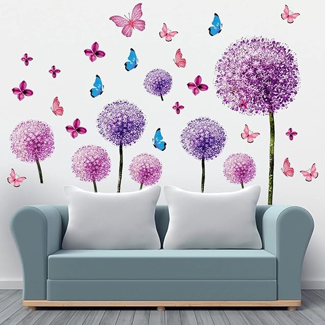Offfay Dandelion Wall Stickers, Flower Wall Stickers, Purple Dandelion Wall Decals, Wall Art Stickers, Flower Window Stickers for Bedroom, Living Room, Kids Girls Room Decoration